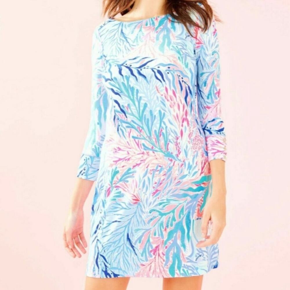 Lilly Pulizter Crew Blue Tint Kaleidoscope Coral Sophie UPF 50+ Mini Dress XXS